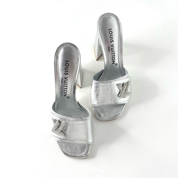 NEW Louis Vuitton Shake Crystal Embellished Metallic Calfskin LV Logo Mules 36 - Picture 2 of 10